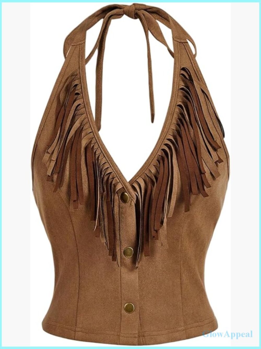 Suede Fringe Halter Crop Top Tie Backless Button Down Western Cowgirl